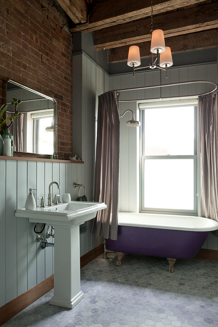 modern brooklyn townhouse bedford stuyvesant brownstone bathroom restored original wood style roof beams exposed